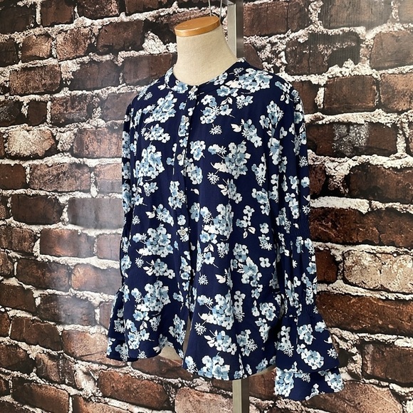 Michael Kors Blouse Top Shirt Womens XL Extra Large Blue Floral Button Peasant - Picture 6 of 14